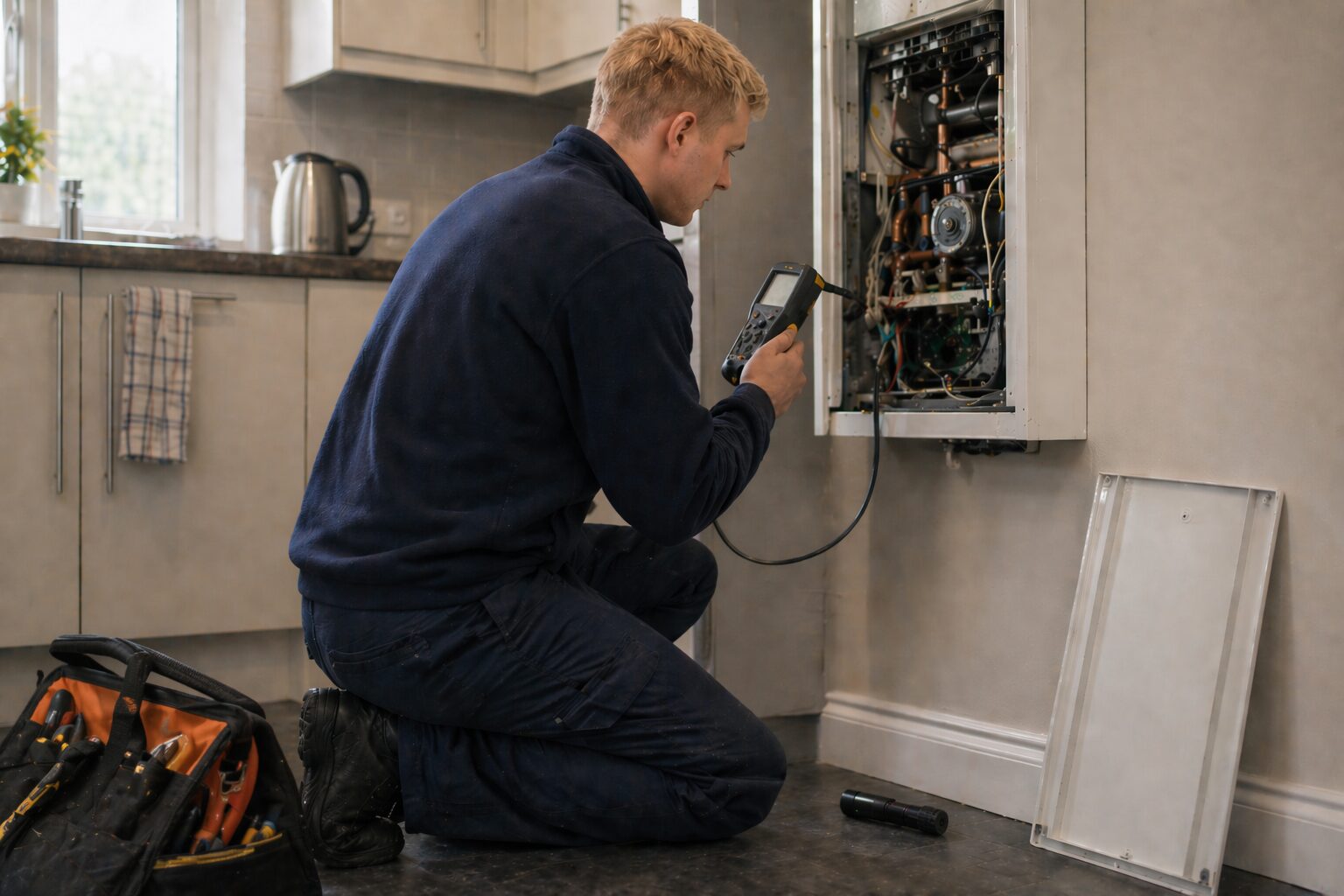 Leicester gas engineer carrying out an annual boiler service