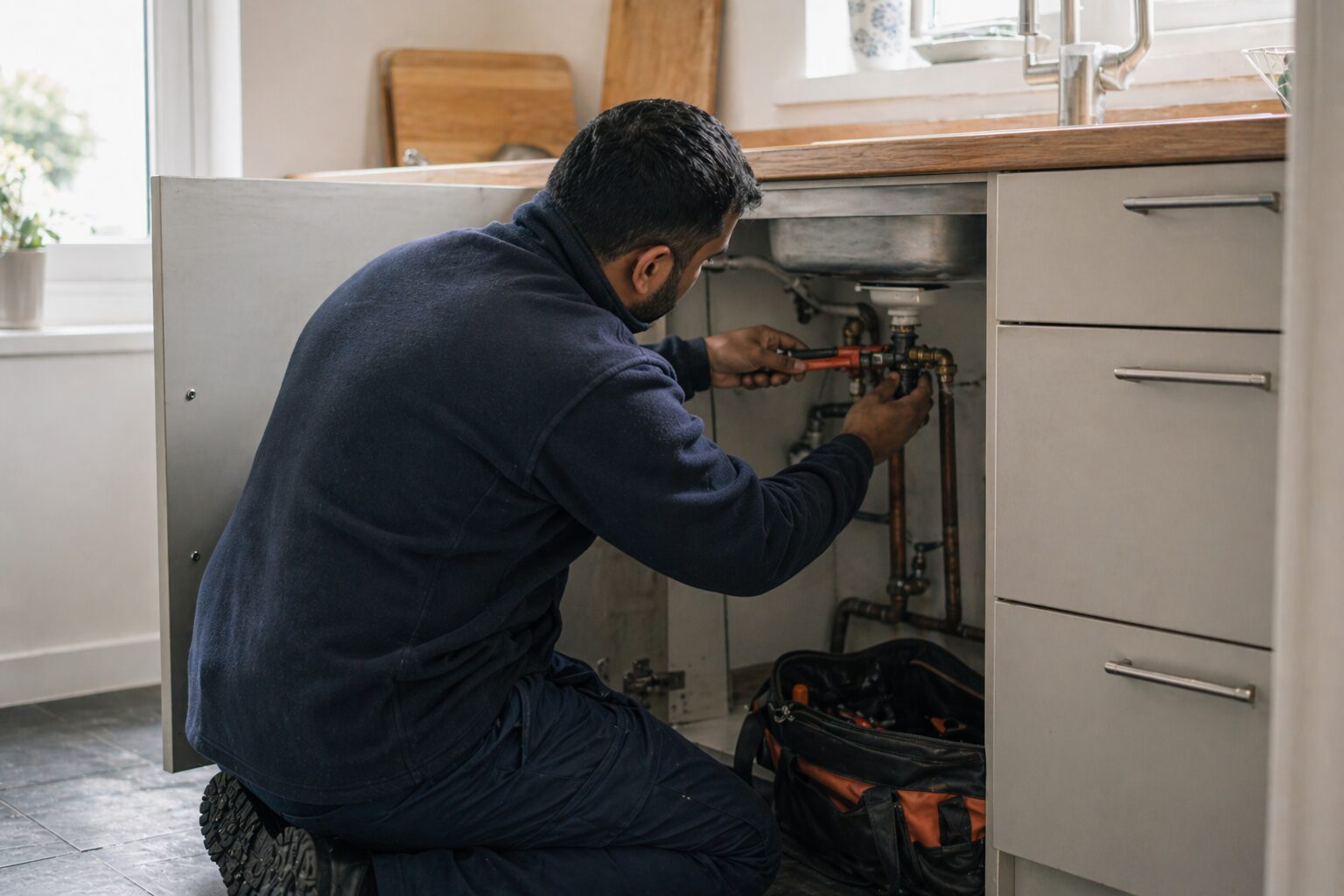 Leicester plumber in overalls holding a wrench