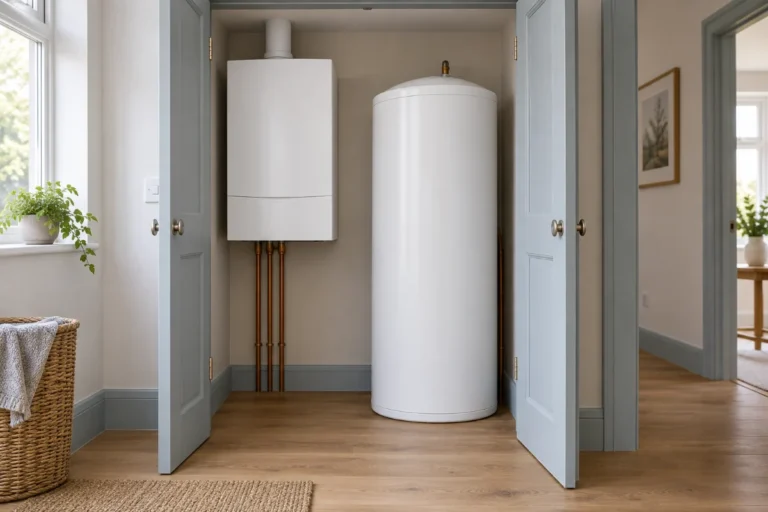 Illustration of a compact wall boiler beside a separate tall hot-water cylinder in a utility cupboard