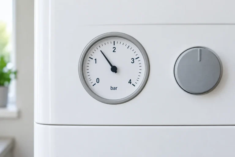 Illustration of an external boiler pressure gauge marked in bar, with its needle between one and two
