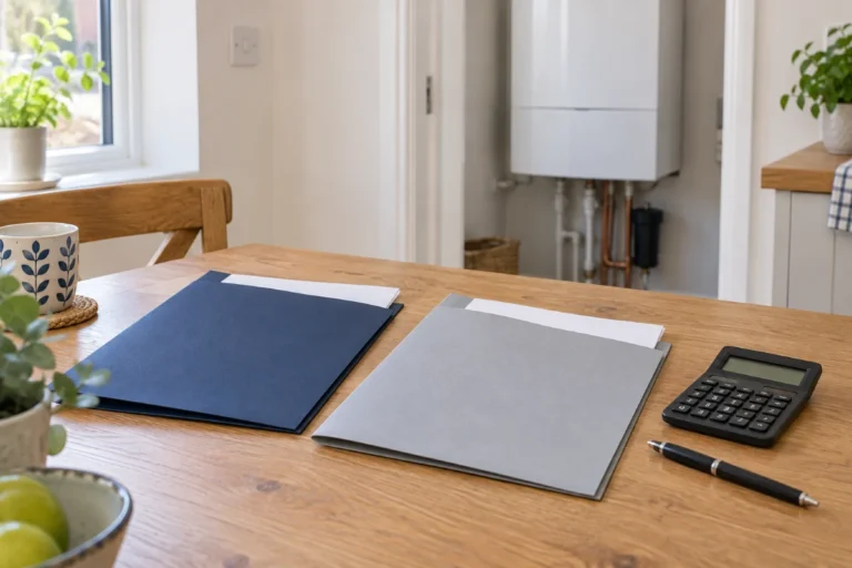 Illustration of two quote folders, blank paperwork, a calculator and pen, with a closed boiler in the background