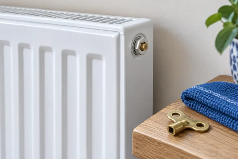 Illustration of a radiator’s upper bleed fitting with a small central square screw, beside a brass radiator key and cloth