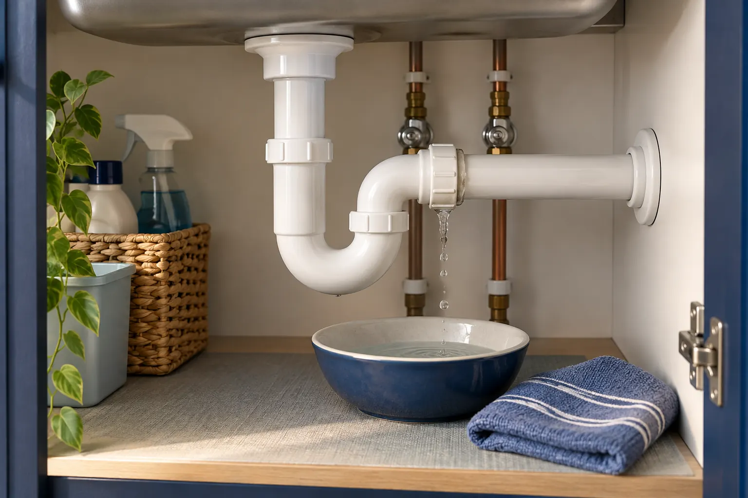 Illustration of water dripping from a sink waste-pipe joint into a bowl