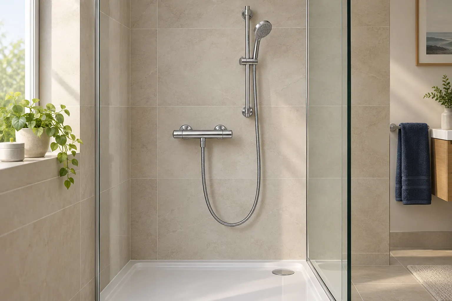 Illustration of a chrome bar mixer and handheld shower on a tiled wall