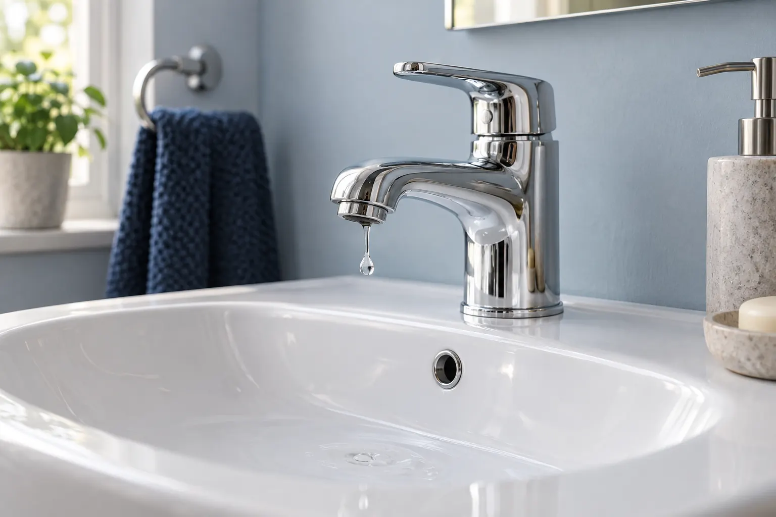 Illustration of a dripping chrome mixer tap above a white basin