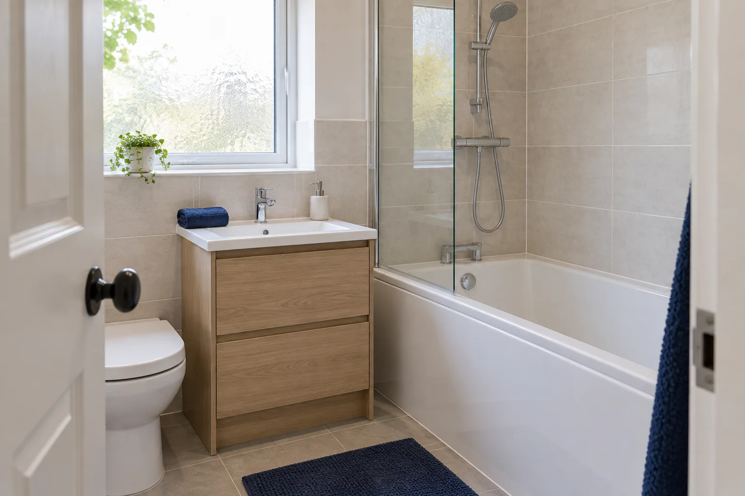 Illustration of a bathroom with a basin, bath and shower screen