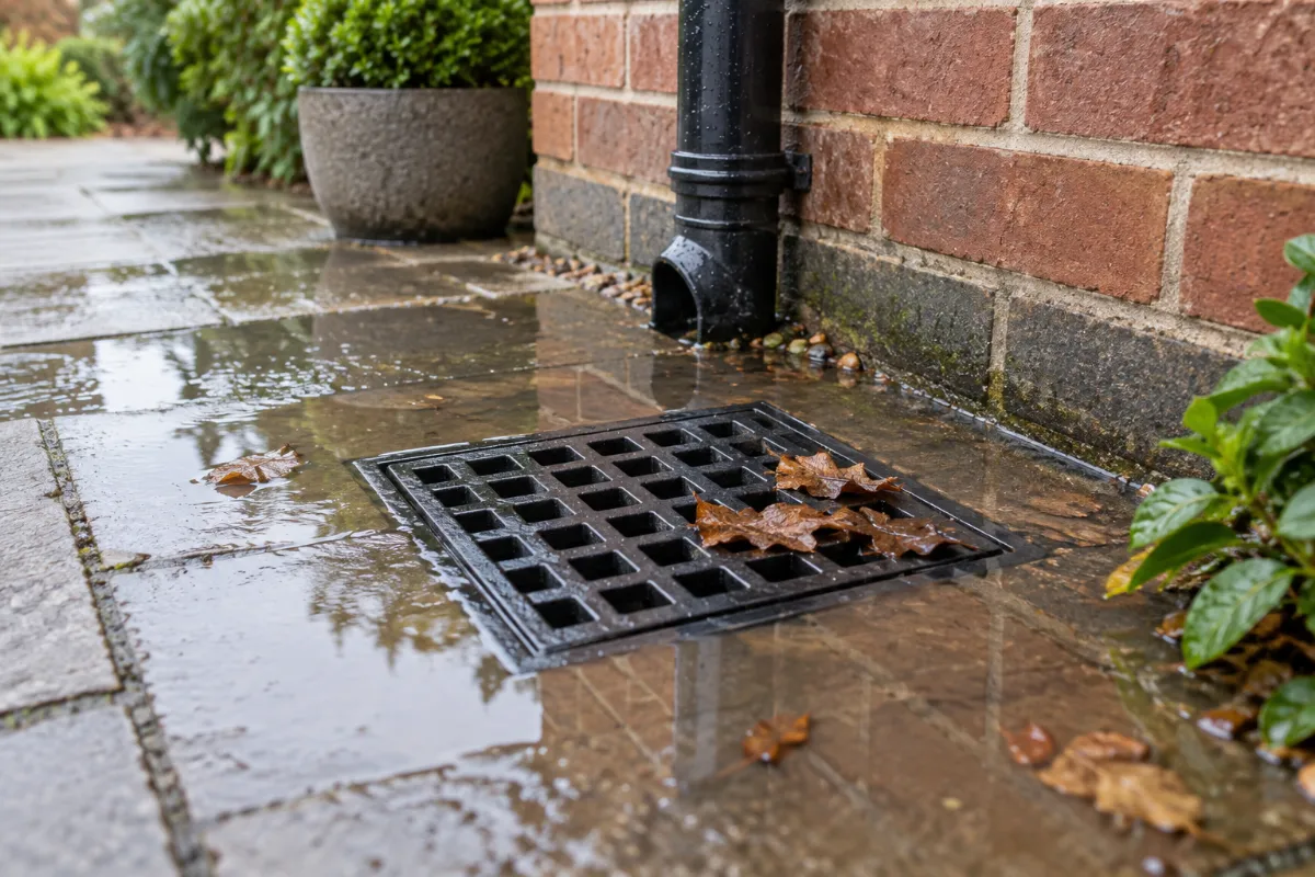 Illustration of pooled rainwater and leaves around a closed drain grate
