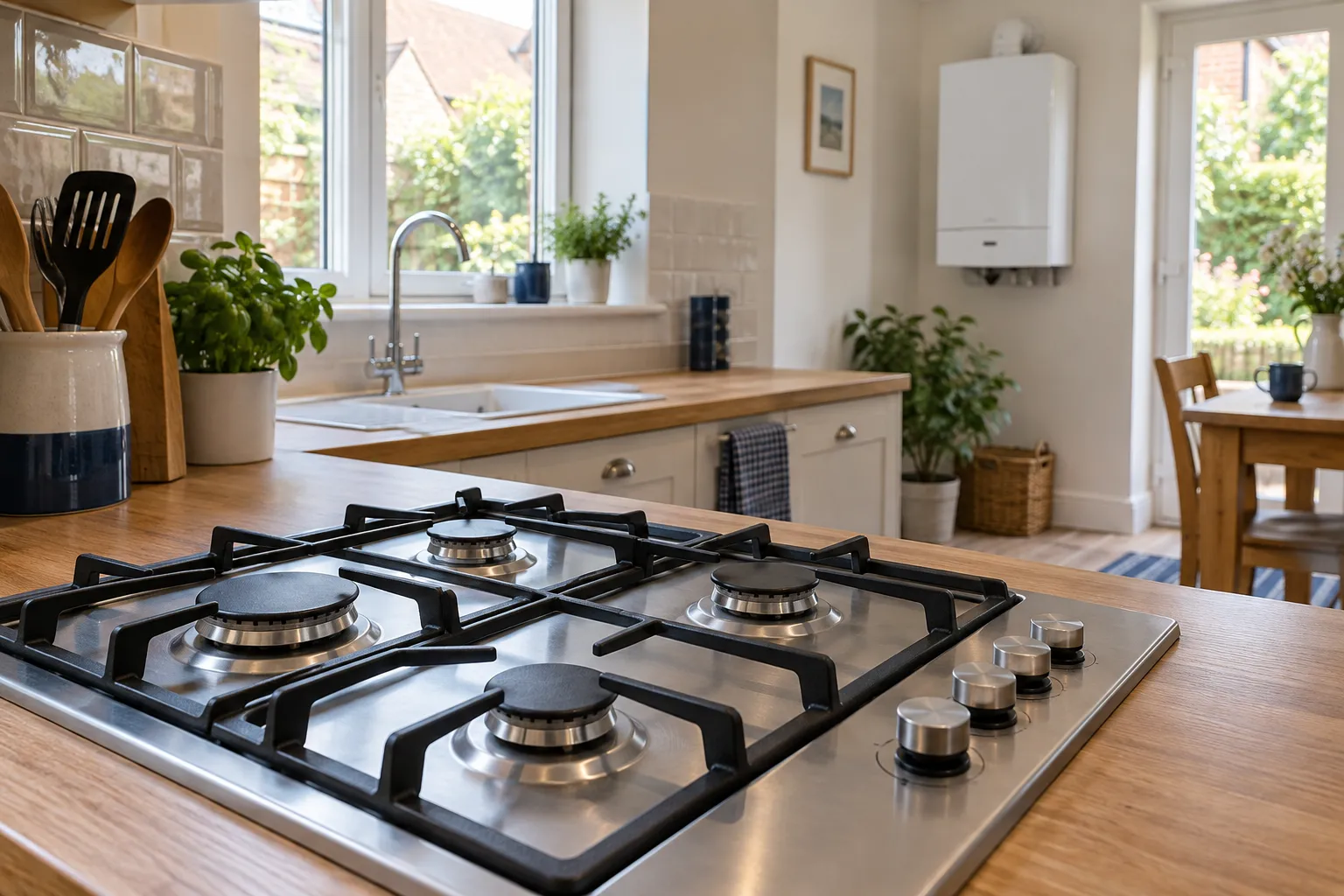 Illustration of a gas hob with a closed boiler in the background
