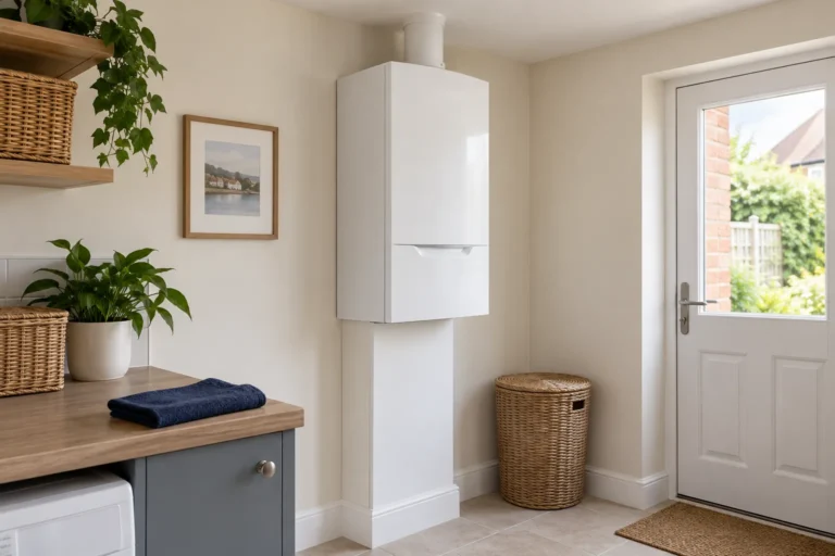 Illustration of a closed wall-mounted boiler in a utility room
