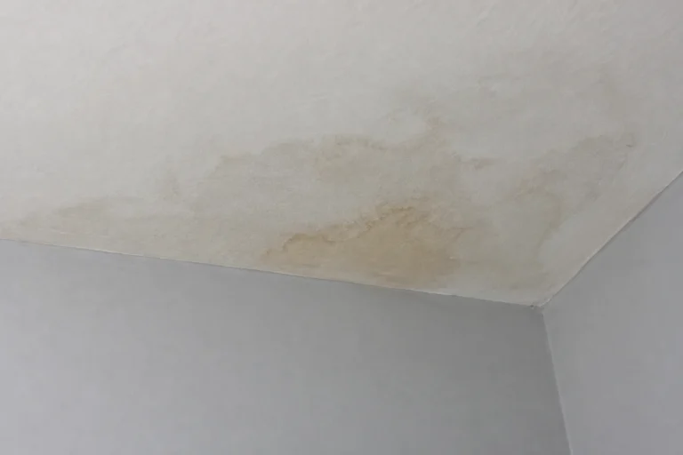 Illustration of an irregular brown water stain near the corner of a white ceiling