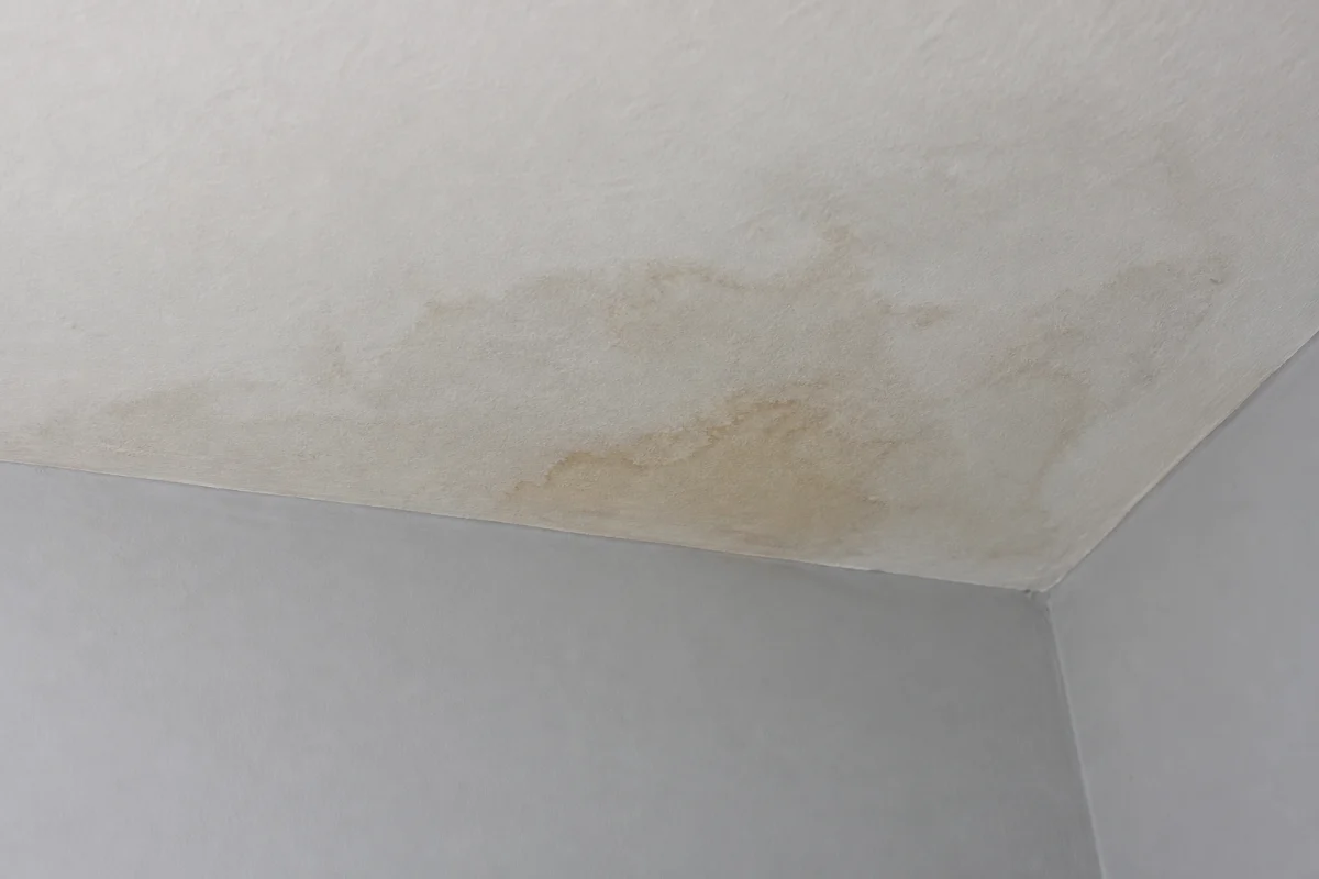 Illustration of an irregular brown water stain near the corner of a white ceiling