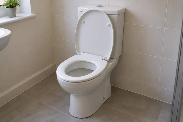 Illustration of a white close-coupled toilet with a closed cistern and the bowl visible